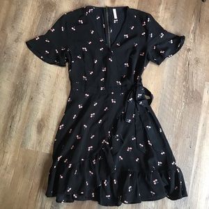 Black Wrap Dress with Cherries